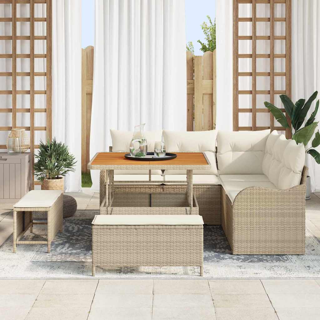 vidaXL 8-delige tuinbankset met kussens in beige poly rattan en acacia