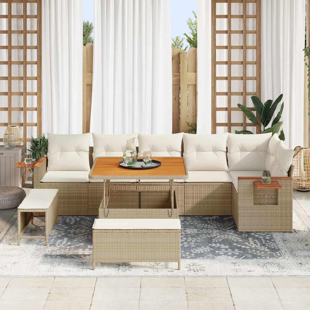 vidaXL 9 delige Tuinbankenset met kussens poly rattan acacia beige