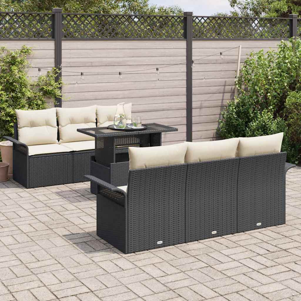 vidaXL 7-delige tuinbankset met kussens zwart poly rattan