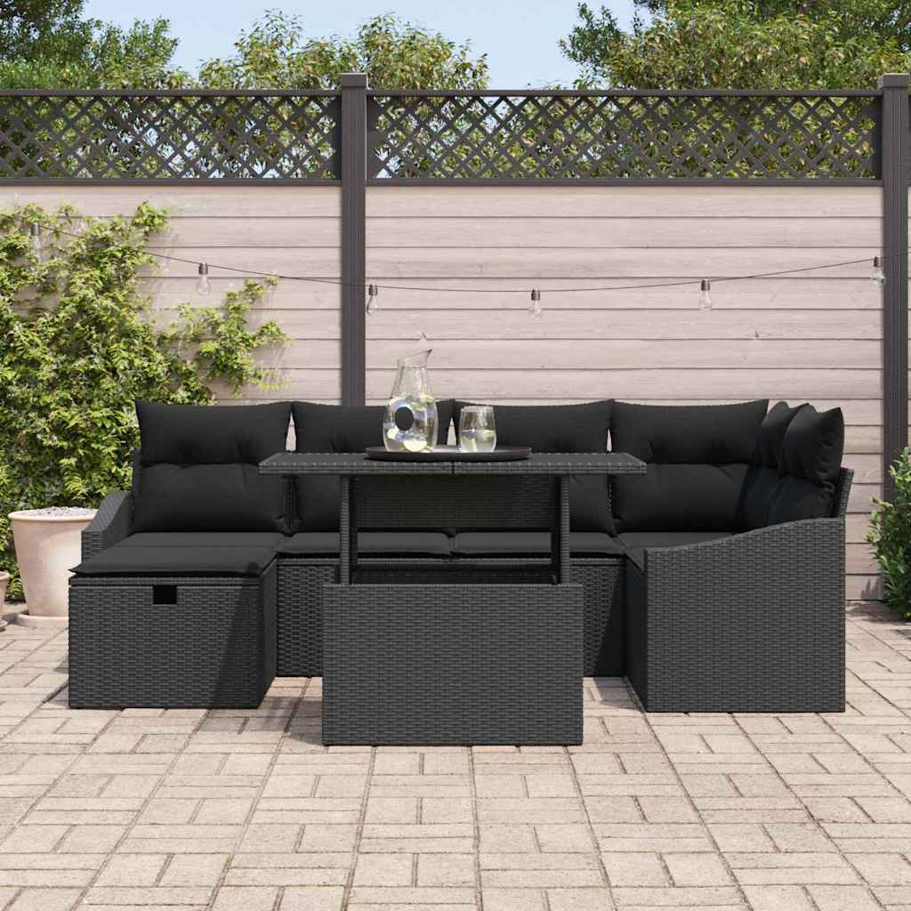 vidaXL 7-delige tuinset met kussens - zwart poly rattan