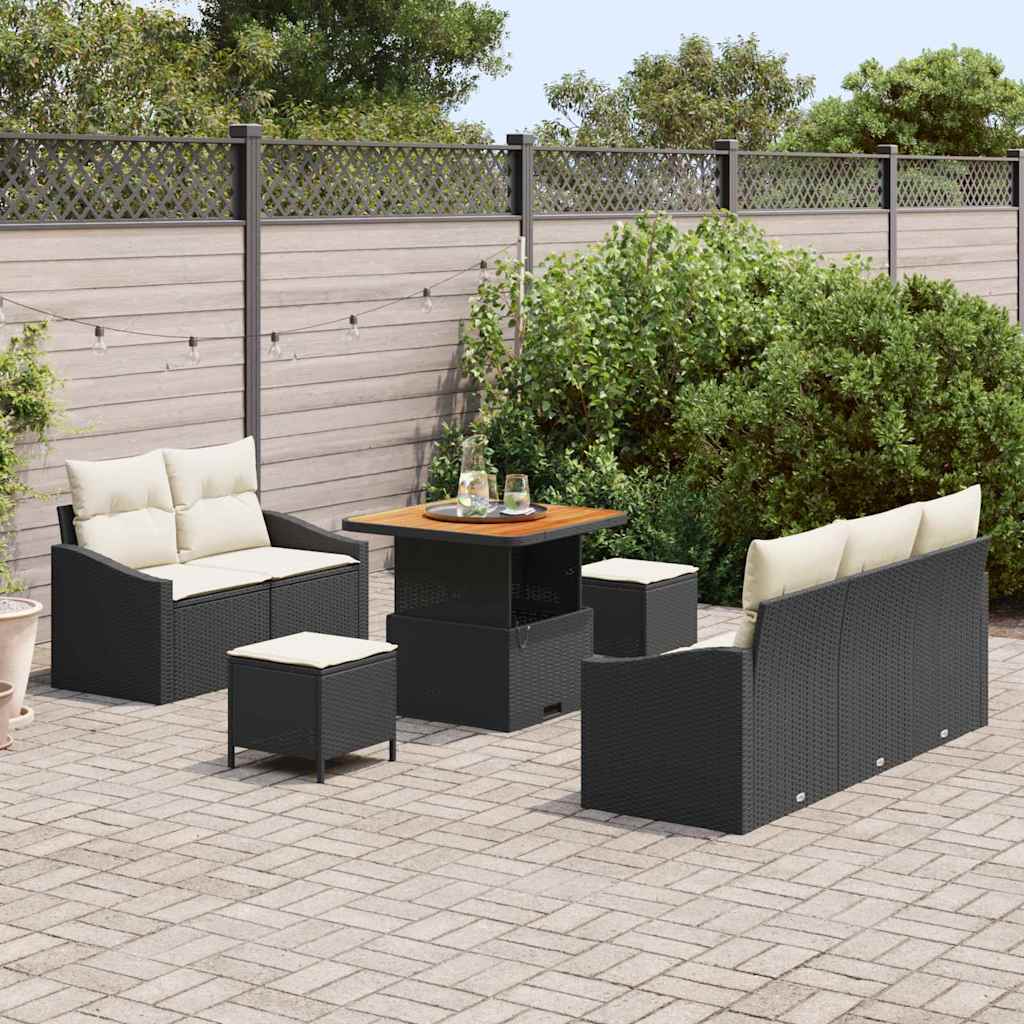 vidaXL 8-delige tuinset met kussens zwart poly riet acacia