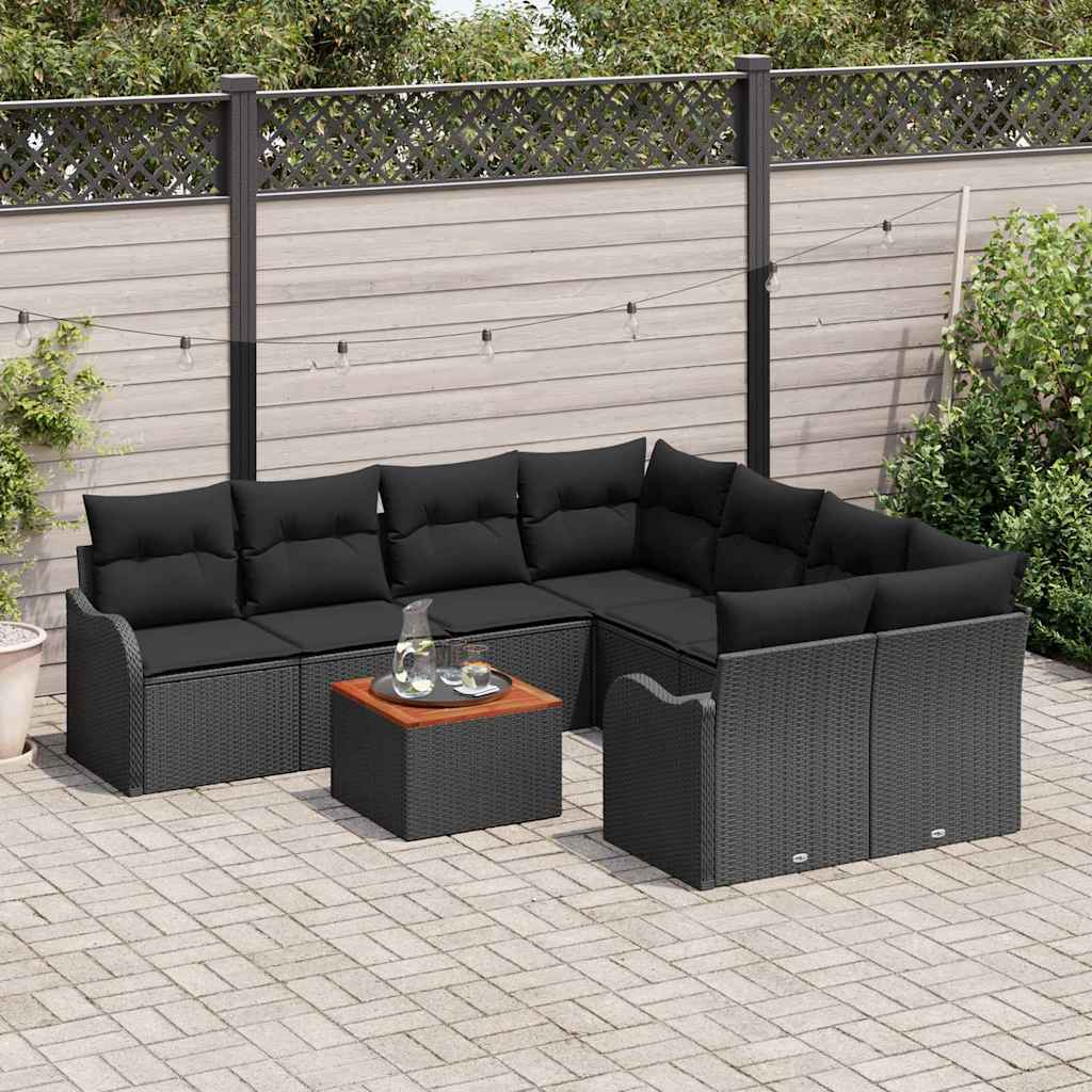 vidaXL 9-delige tuinbankset met kussens in zwart poly rattan en acacia