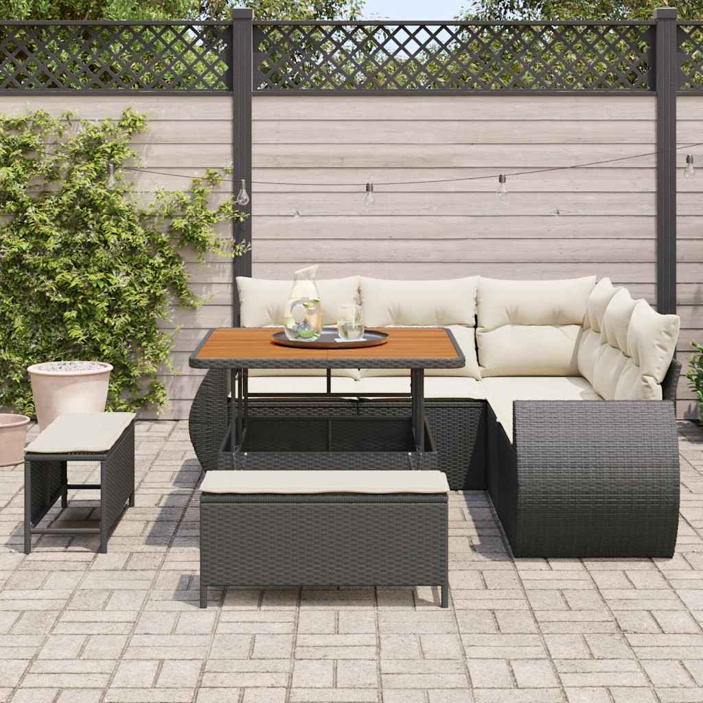 vidaXL 8-delige tuinsalonset met kussens in zwart poly riet en acacia