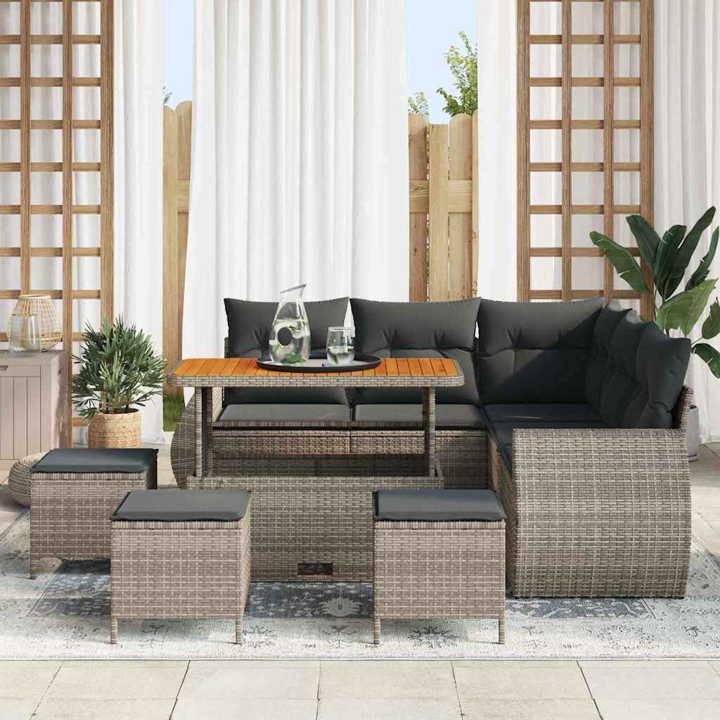 vidaXL 9-delige tuinset met kussens in grijs poly rattan en acacia