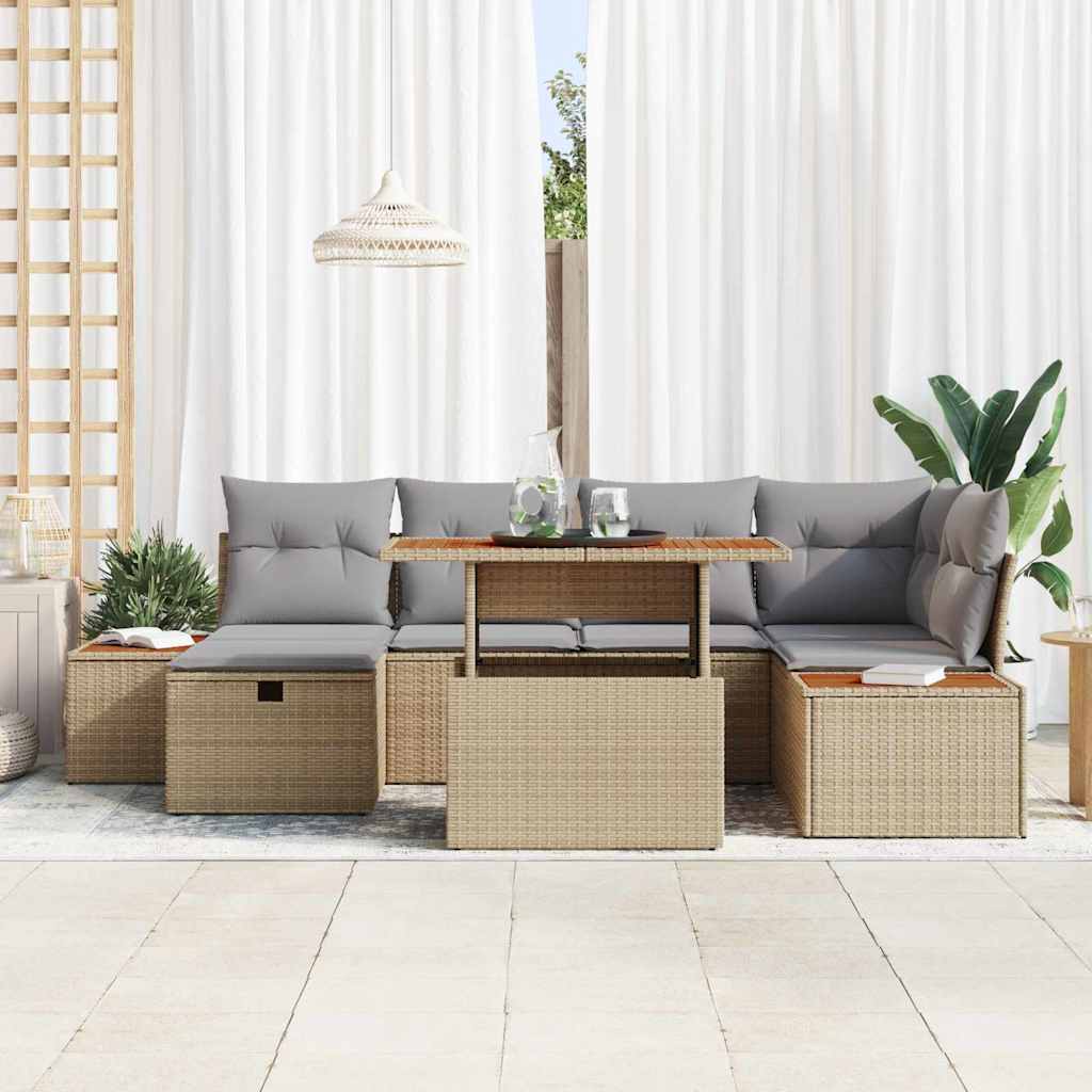 vidaXL 7-delige tuinsofa set met kussens in beige poly rattan en acacia.