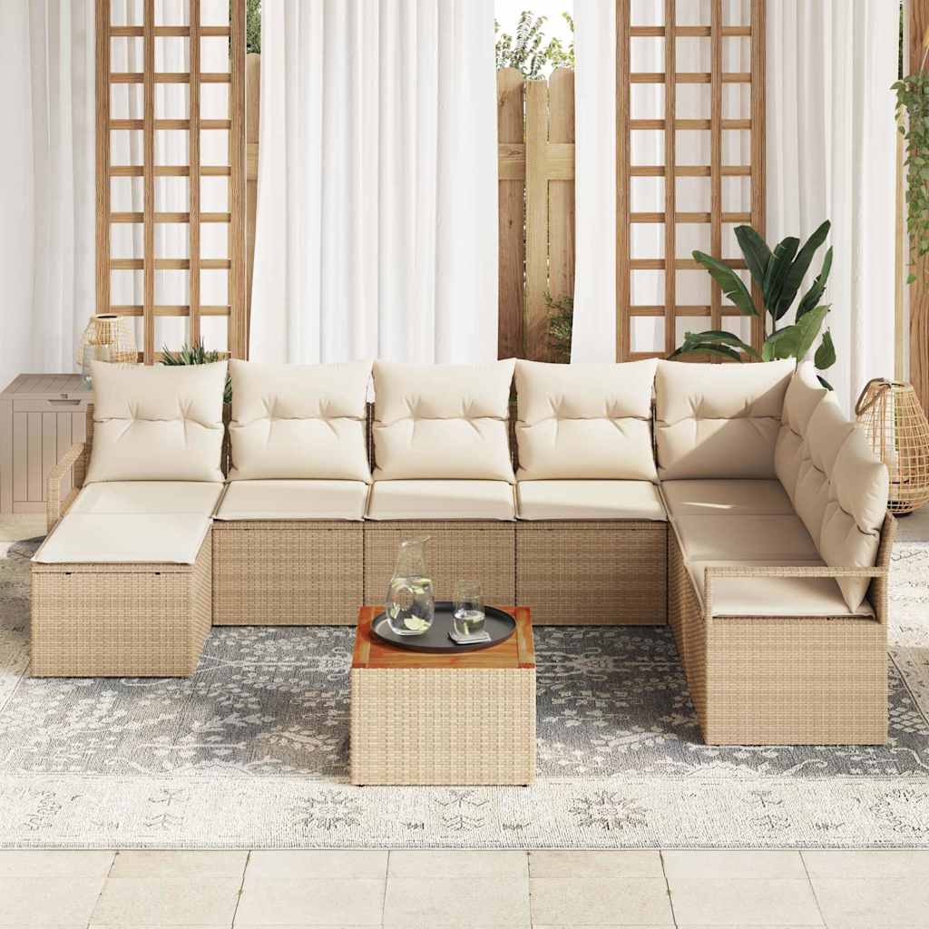 vidaXL 9-delige tuinzitset met kussens in beige poly rattan en acacia