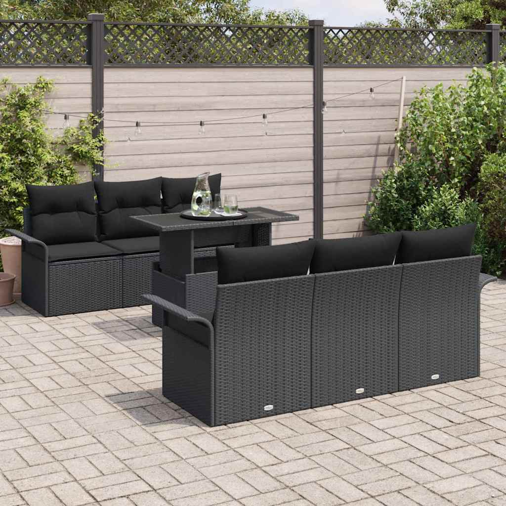 vidaXL 7-delige tuinset met kussens in zwart poly rattan