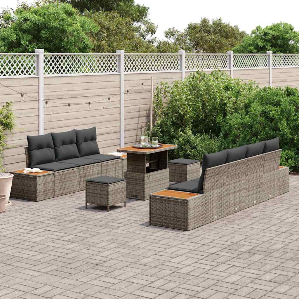 vidaXL 10-delige tuinset met kussens in grijs poly riet en acacia