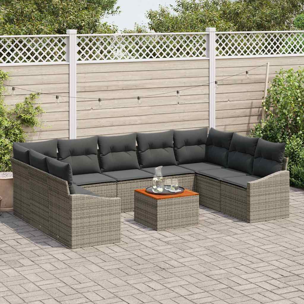 vidaXL 10-delige tuinbankset met kussens in grijs poly rattan