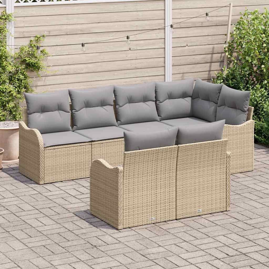 vidaXL 7-delige tuinbankset met kussens Beige Poly Rattan
