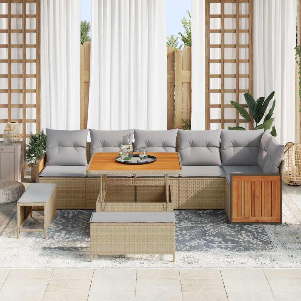 vidaXL 9-delige tuinset met kussens, Beige, Poly Rattan, Acacia