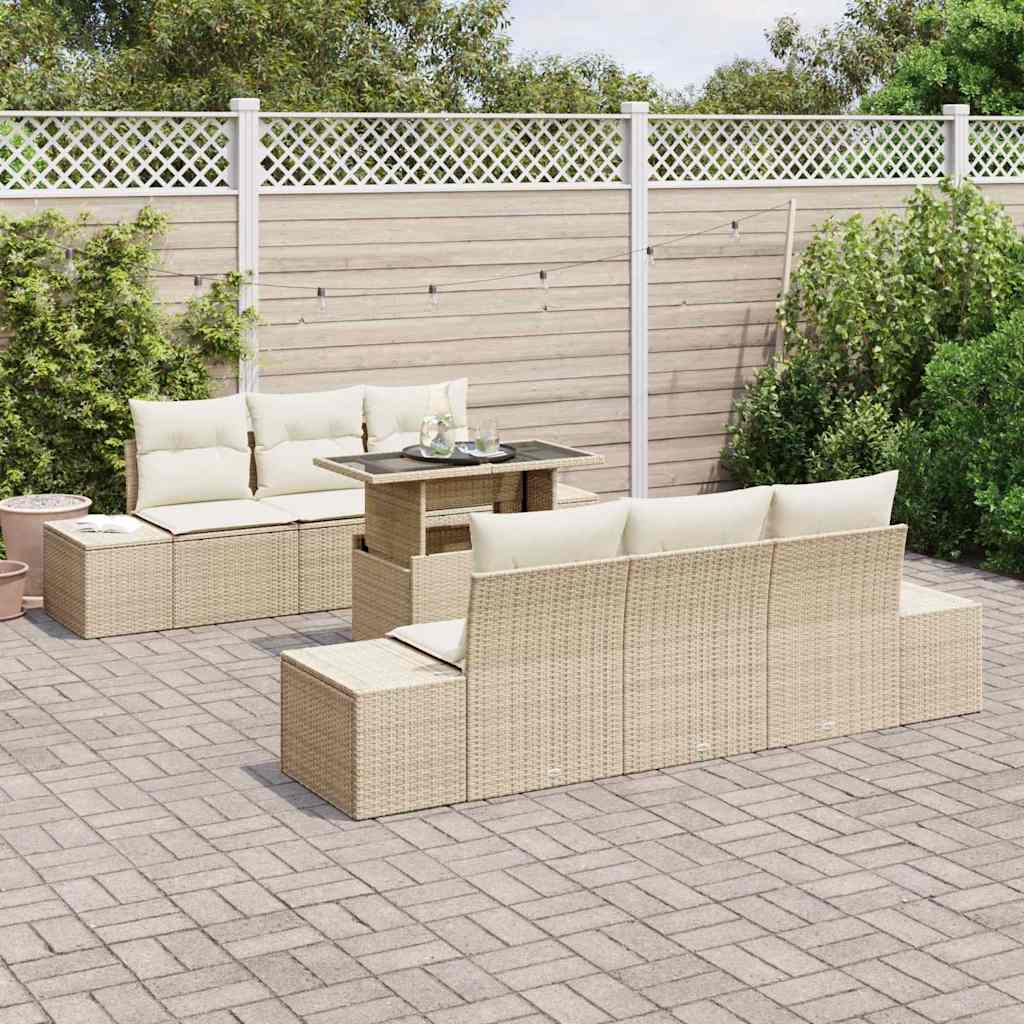 vidaXL 7-delige Tuinbankenset met kussens poly rattan beige