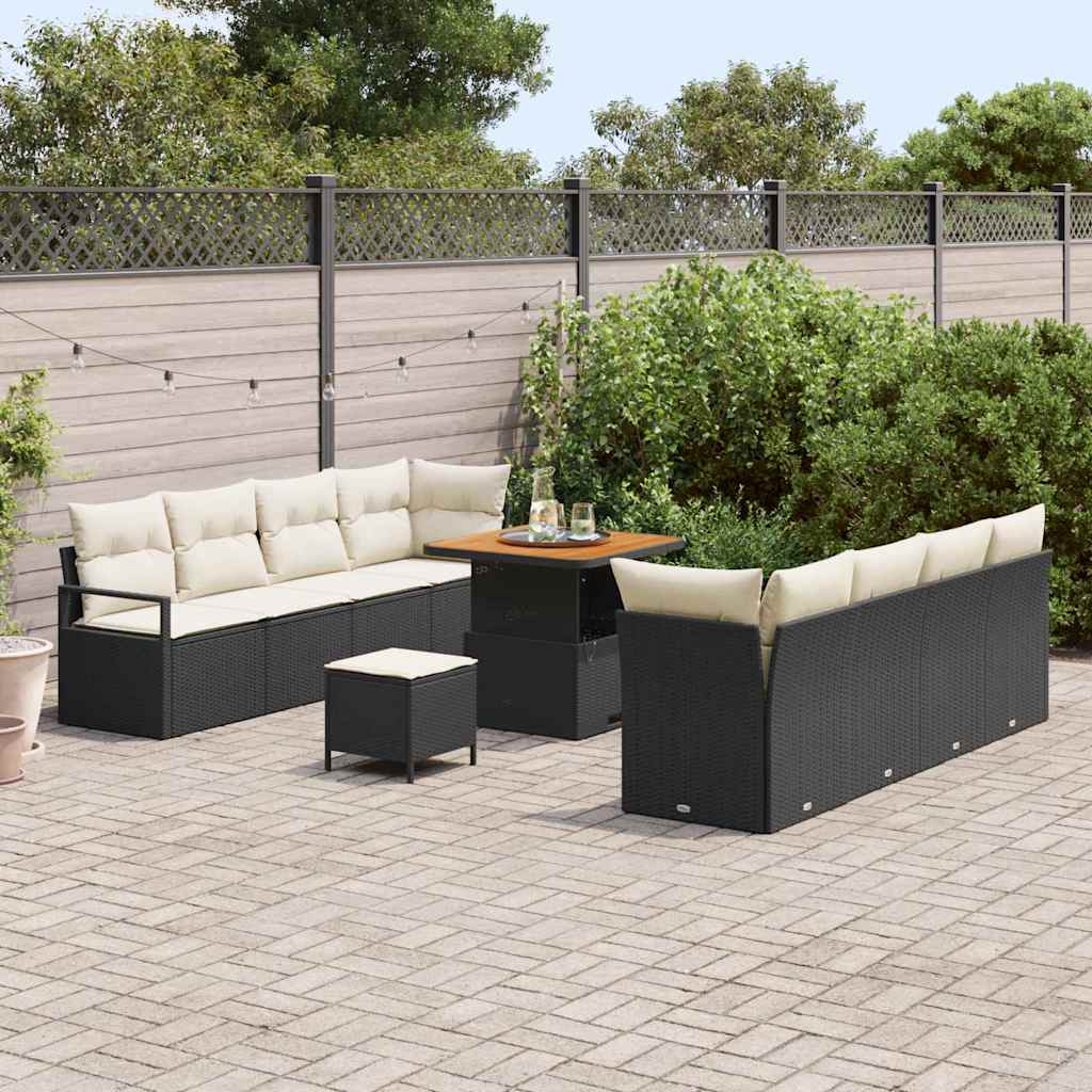 vidaXL 11-delige tuinbankenset met kussens in zwart poly rattan en acacia