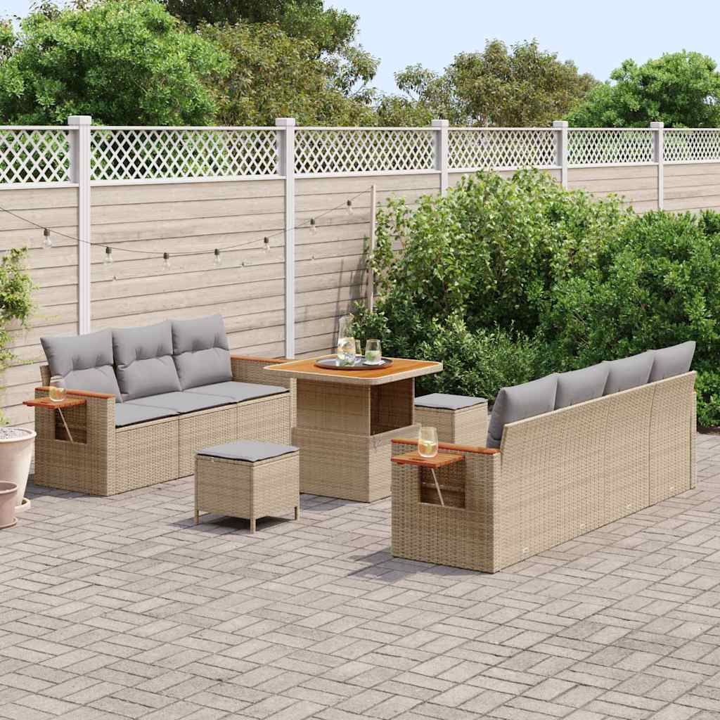 vidaXL 10-delige Tuinbankenset met kussens poly rattan acacia beige