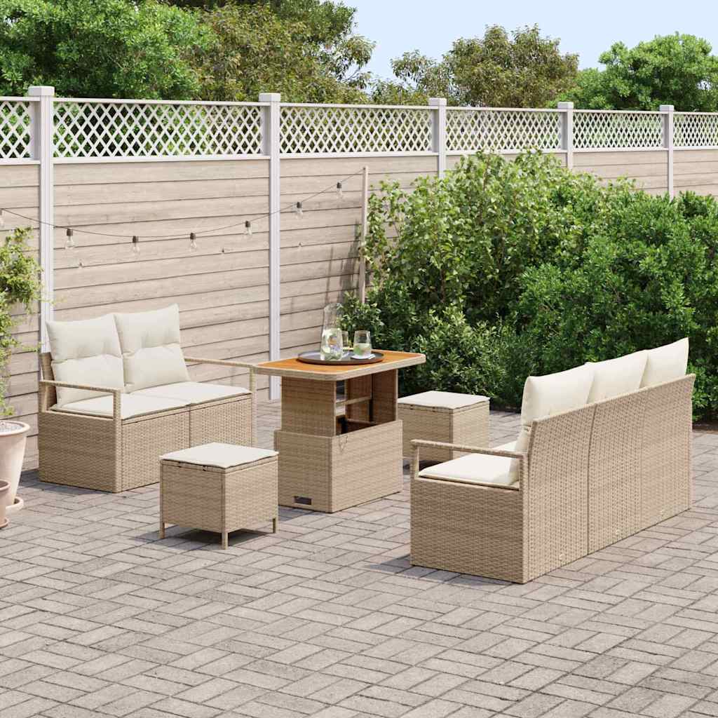 vidaXL 8-delige tuinset met kussens in beige poly riet, acacia