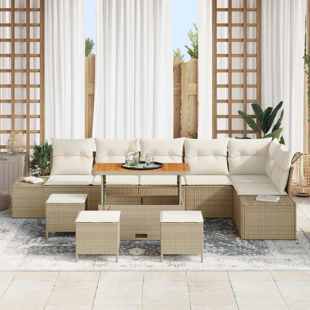 vidaXL 10-delige tuinset met kussens in beige poly rattan en acacia