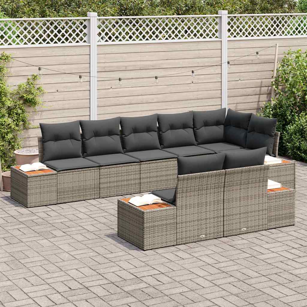 vidaXL 8-delige tuinbankset met kussens in grijs poly rattan en acacia