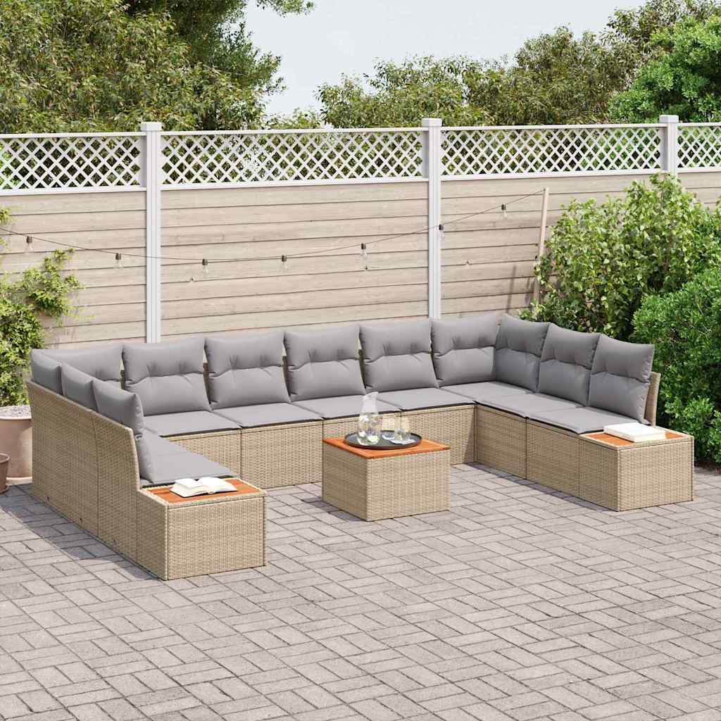 vidaXL 11-delige Tuinbankenset met kussens poly rattan acacia beige