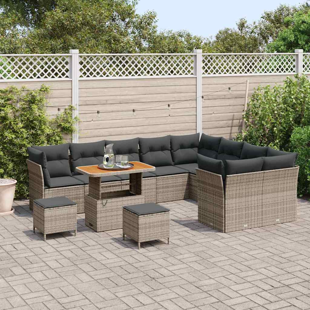 vidaXL 12-delige Tuinbankenset met kussens poly rattan acacia grijs