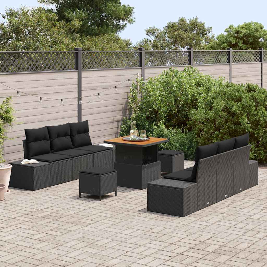 vidaXL 9-delige Tuinbankenset met kussens poly rattan acacia zwart