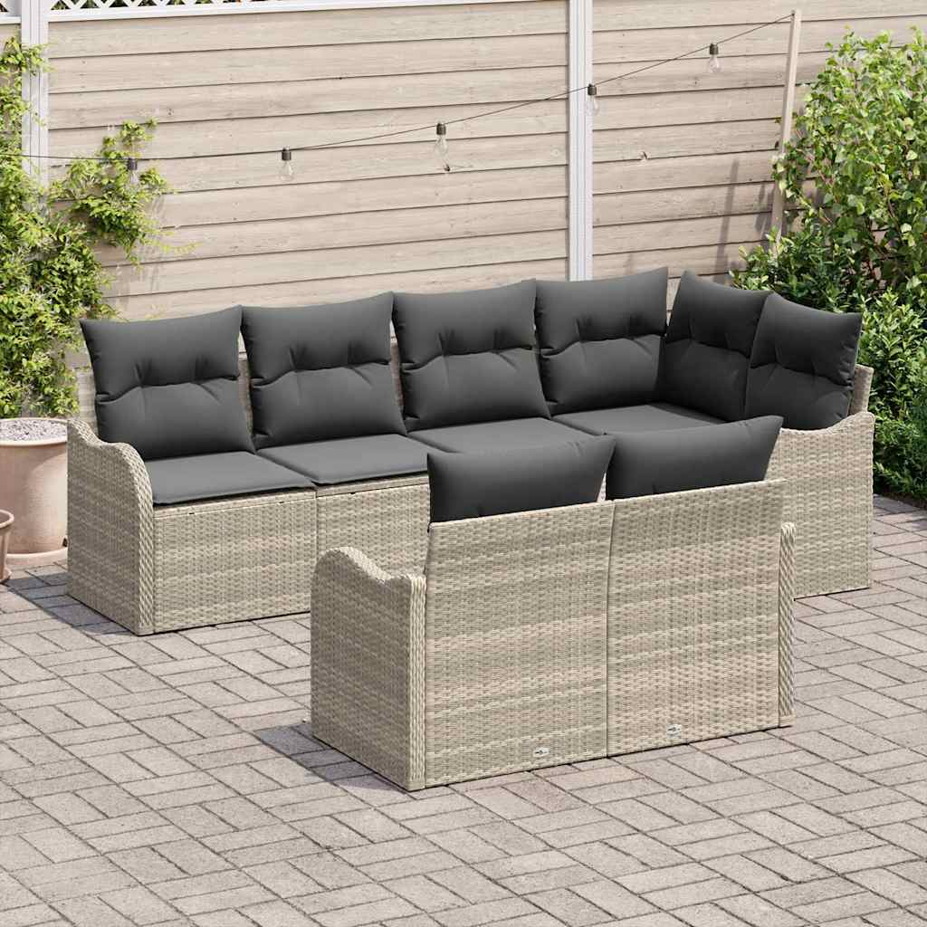 vidaXL 7-delige lichtgrijze poly rattan tuinbankset met kussens