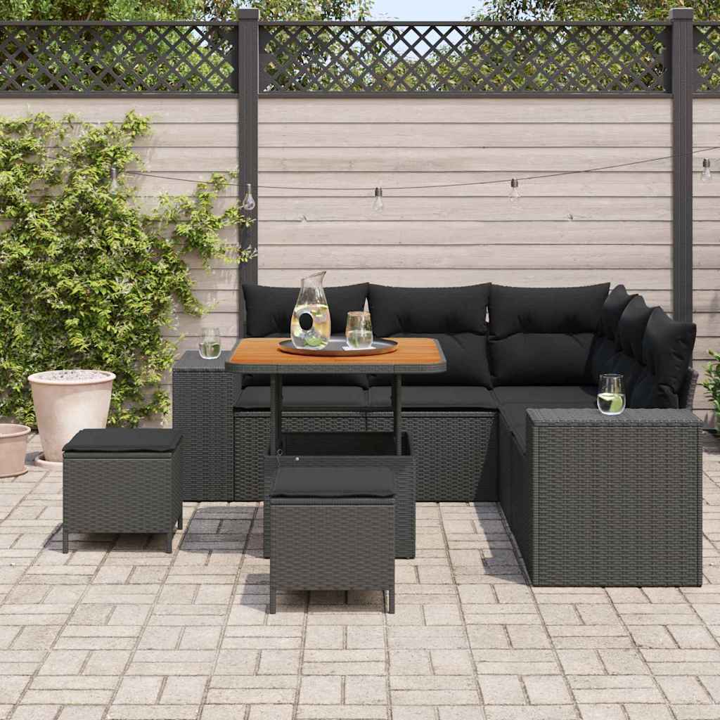 vidaXL 8-delige tuinset met kussens in zwart poly rattan en acacia.