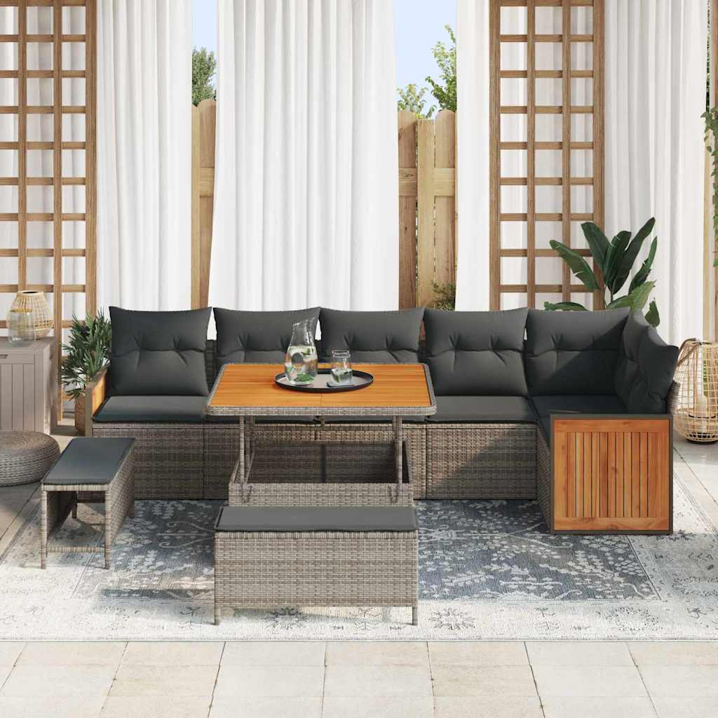 vidaXL 9-delig tuinbanksysteem met kussens in grijs poly rattan en acacia