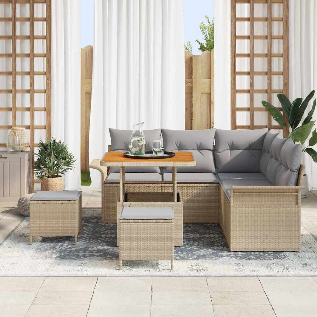 vidaXL 8-delige ligbedden set met kussens in beige poly rattan en acaciahout.