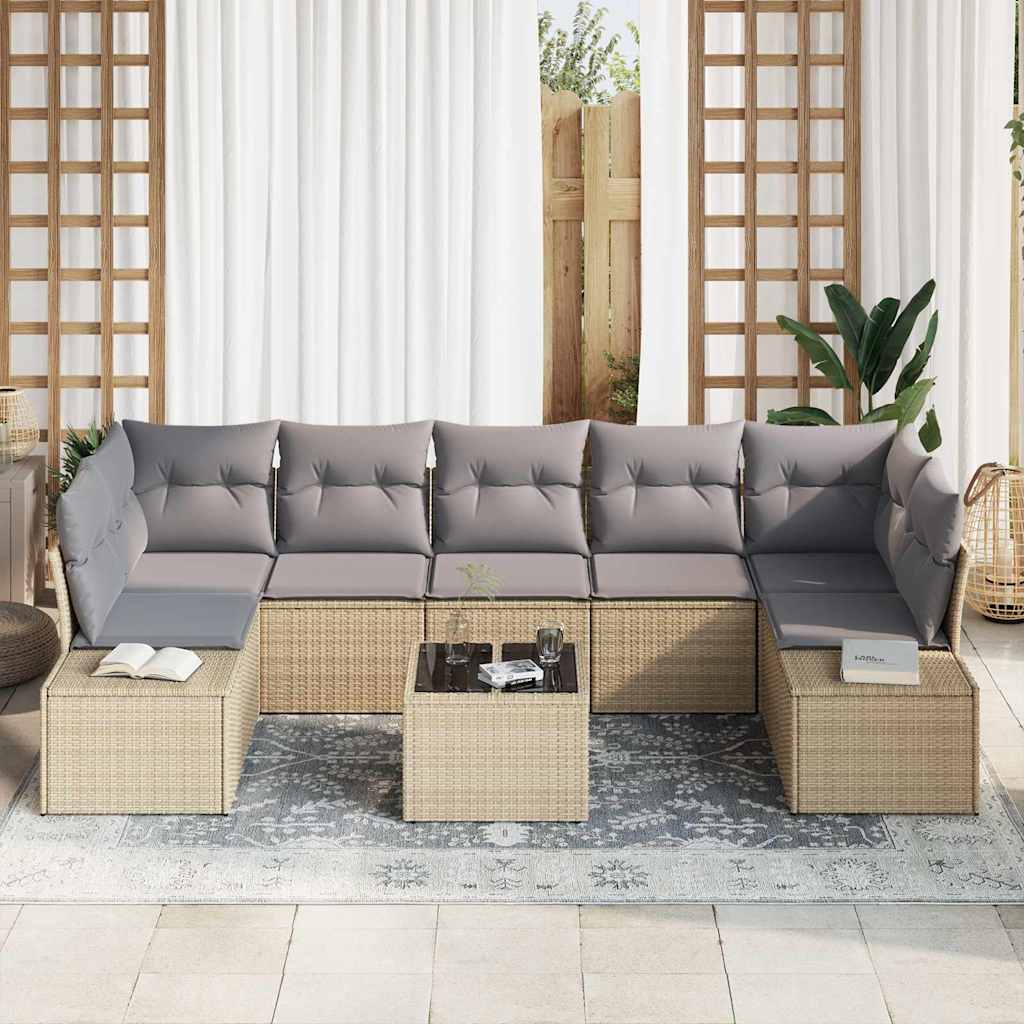 vidaXL 8-delige tuinset met kussens in beige poly rattan