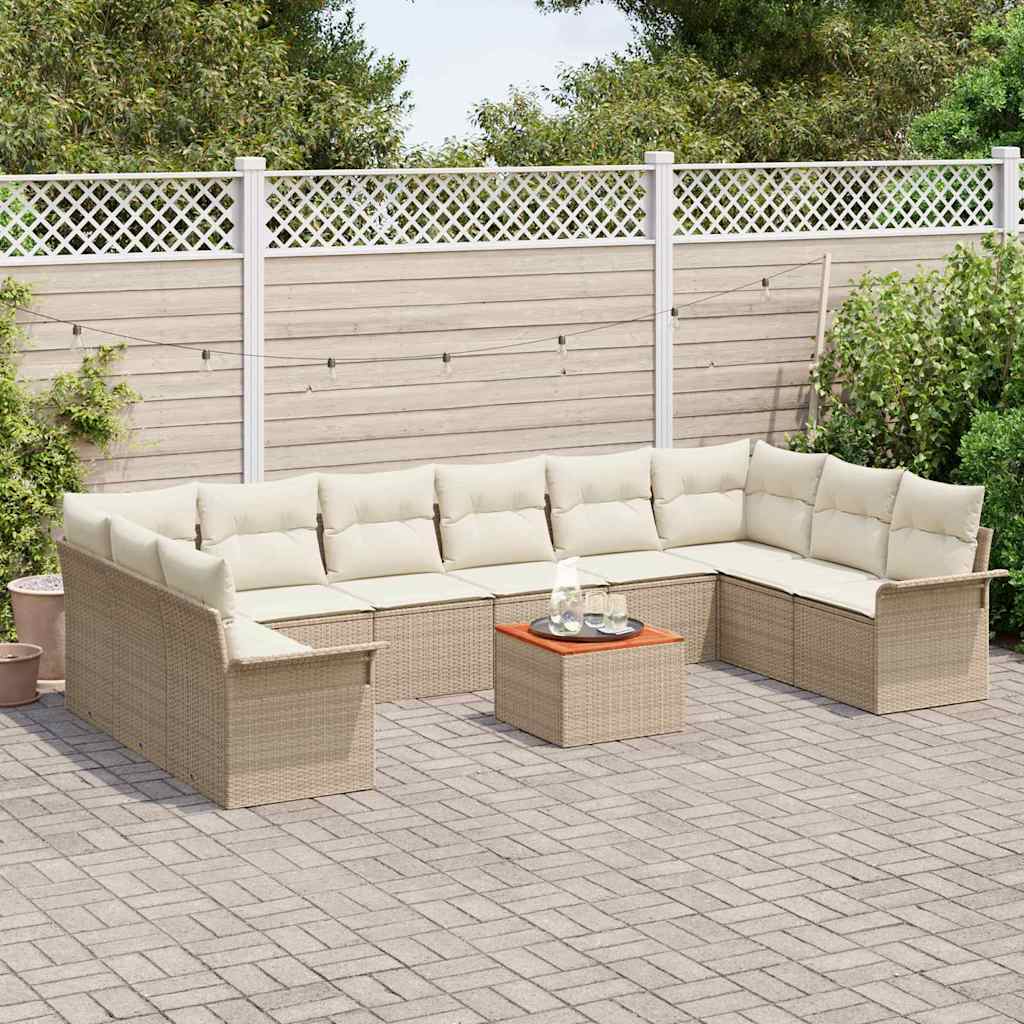 vidaXL 11-delige tuinset met kussens in beige poly rattan en acacia