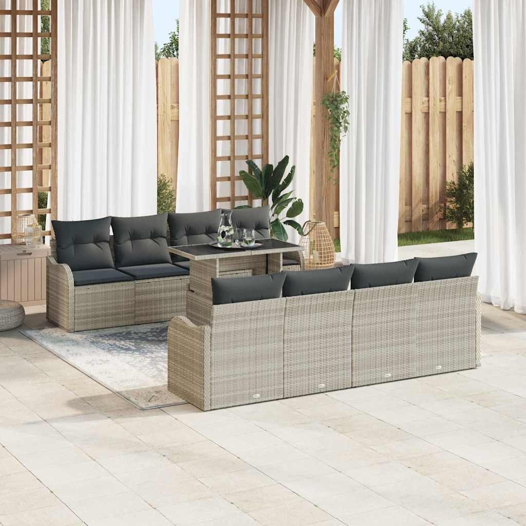 vidaXL 10-delige Tuinbankenset met kussens poly rattan lichtgrijs