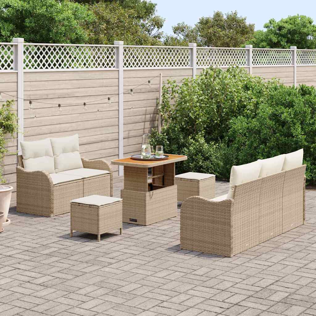 vidaXL 8-delige tuinbankset met kussens in beige poly rattan en acacia