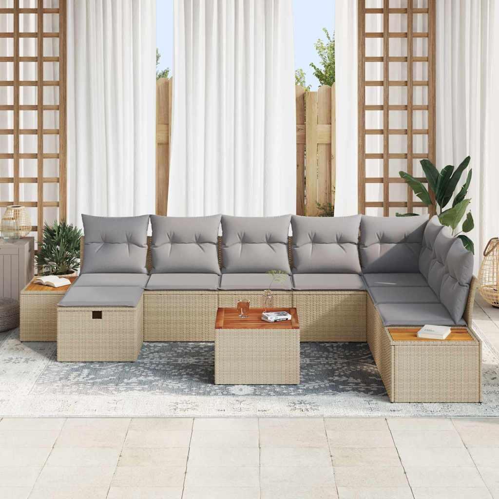 vidaXL 9-delige tuinset met kussens in beige poly rattan