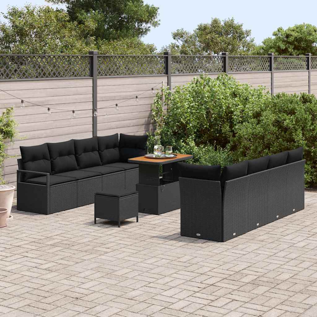 vidaXL 11-delige tuinsofa set met kussens in zwart poly rattan en acacia