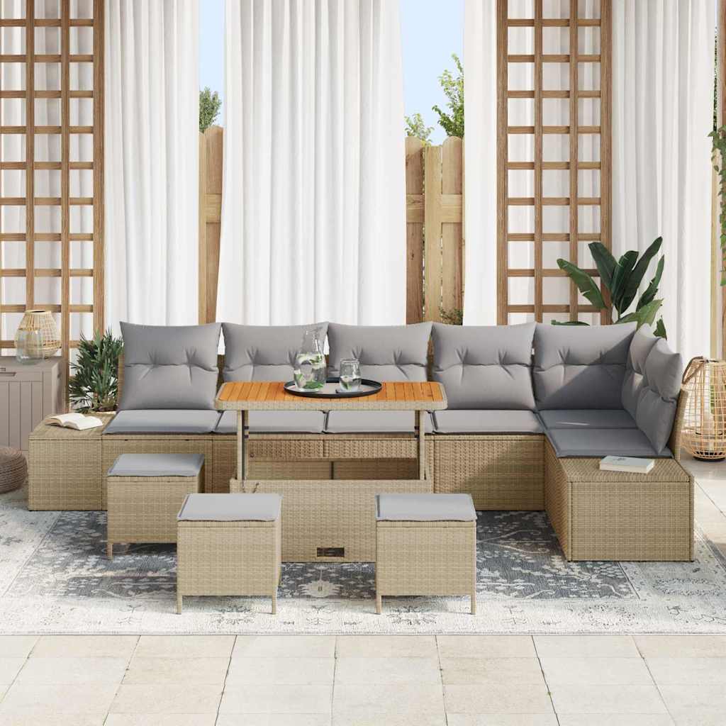 vidaXL 10-delige tuinsofa set met kussens in beige van poly rattan en acacia