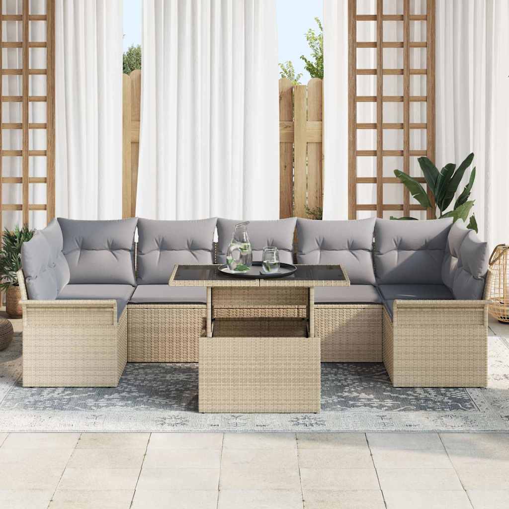 vidaXL 8-delige tuinset met kussens in beige poly rattan