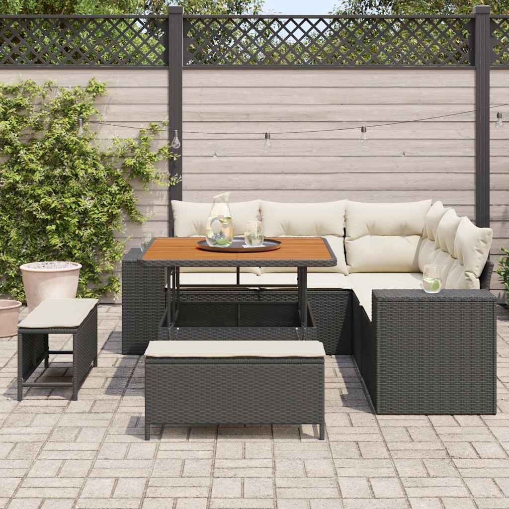 vidaXL 8-delige tuinset met kussens in zwart poly riet en acacia