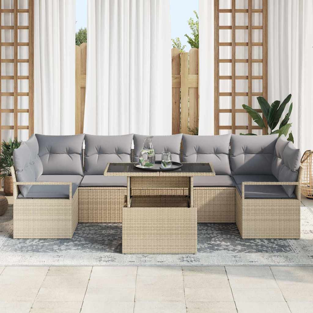 vidaXL 8-delige ligbed set met kussens Beige Poly Rattan