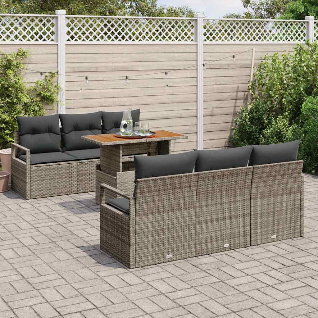 vidaXL 7 Delige Tuinset met Kussens Grijs Poly Rattan