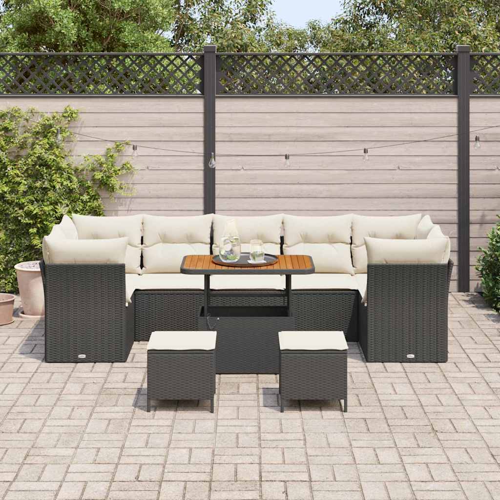 vidaXL 10-delige tuinbankset met kussens in zwart van poly rattan en acacia