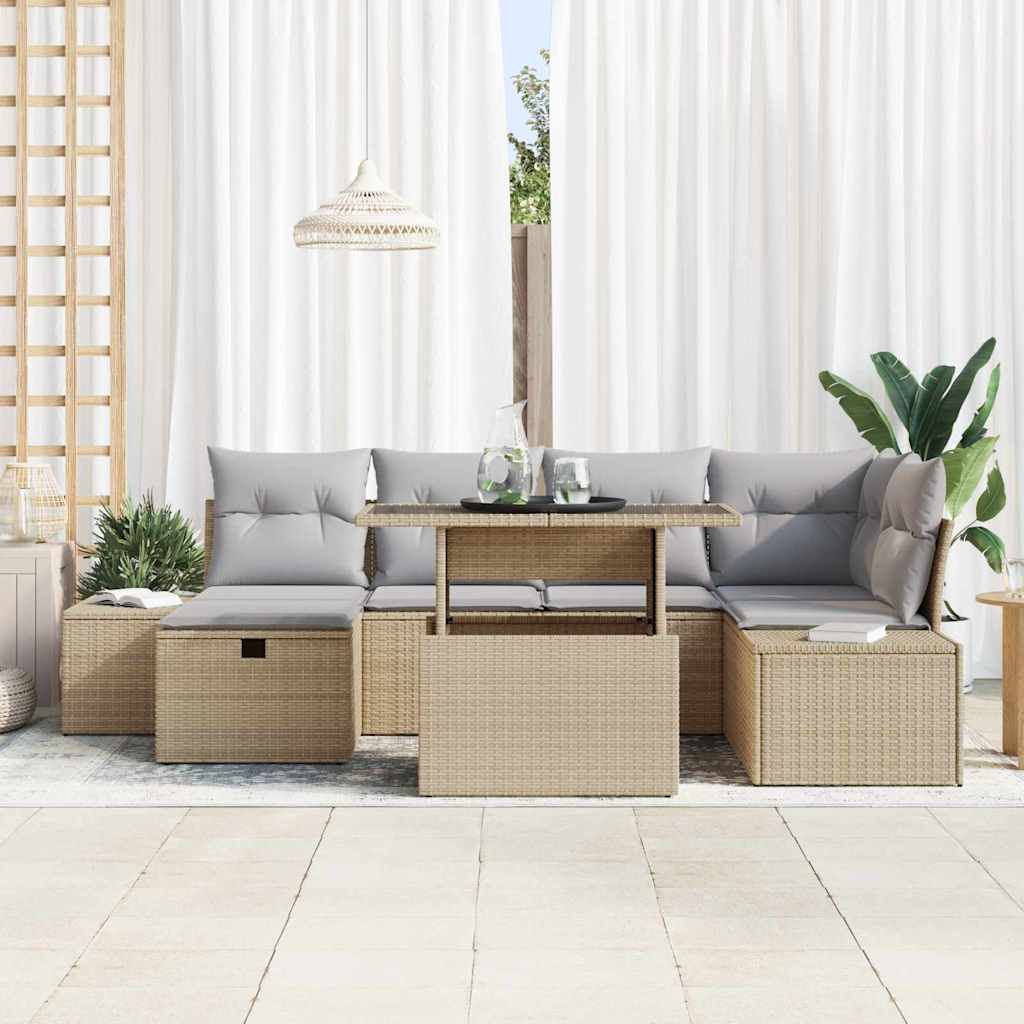 vidaXL 7-delige tuinsofa set met kussens in beige poly rattan
