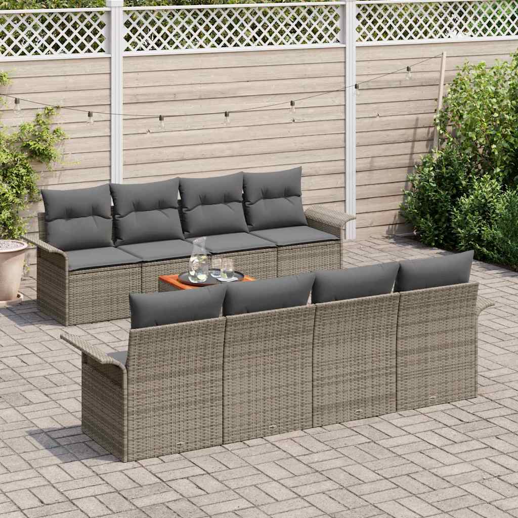 vidaXL 9-delige tuinset met kussens in het grijs, gemaakt van poly riet en acacia
