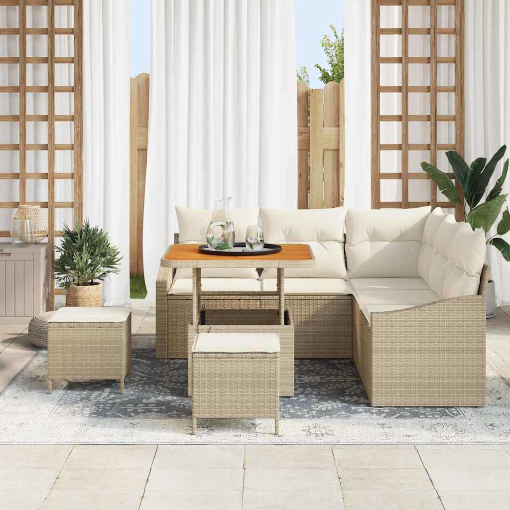 vidaXL 8-delige tuinsofa set met kussens in beige van poly riet en acacia
