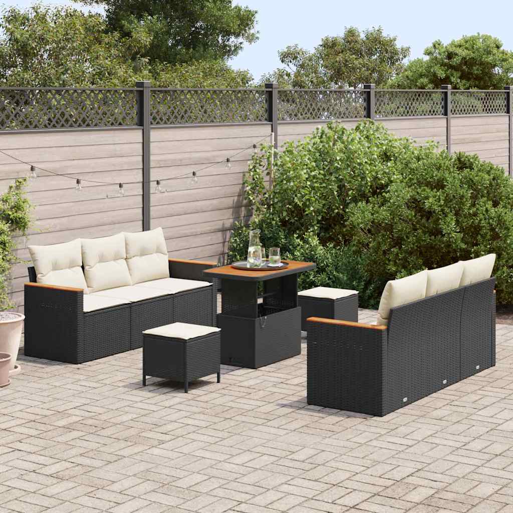 vidaXL 9-delige tuinsofa set met kussens in zwart van poly rattan en acacia