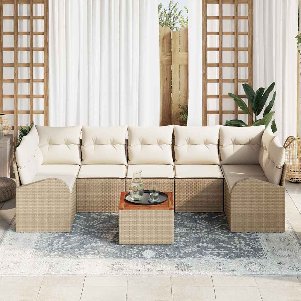 vidaXL 8-delige tuinset met kussens in beige poly rattan en acacia