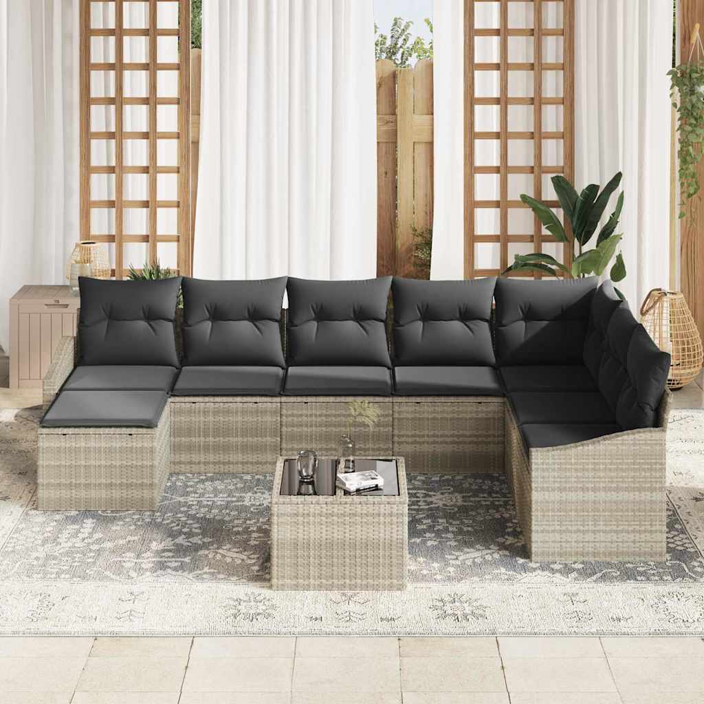 vidaXL 9-delige tuinset met kussens in grijs poly rattan