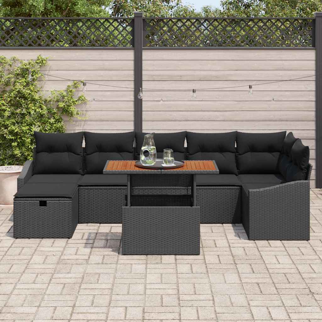 vidaXL 8-delige Tuinbankenset met kussens poly rattan zwart