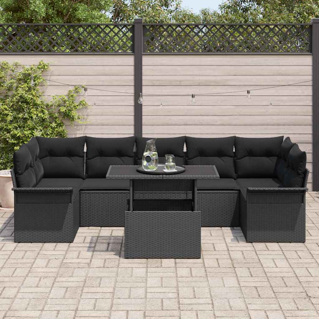 vidaXL 8-delige tuinset met kussens zwart poly rattan