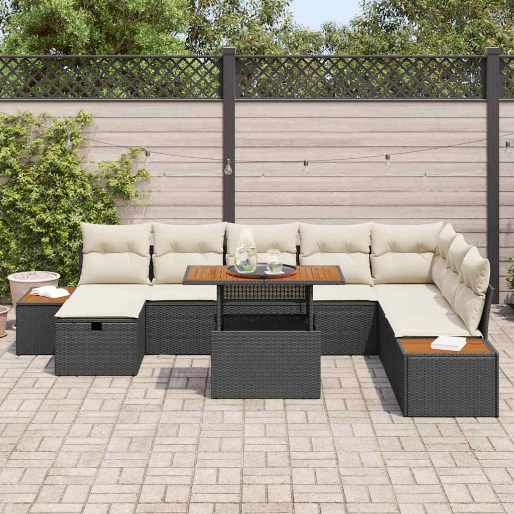 vidaXL 9-delige Tuinbankenset met kussens poly rattan zwart
