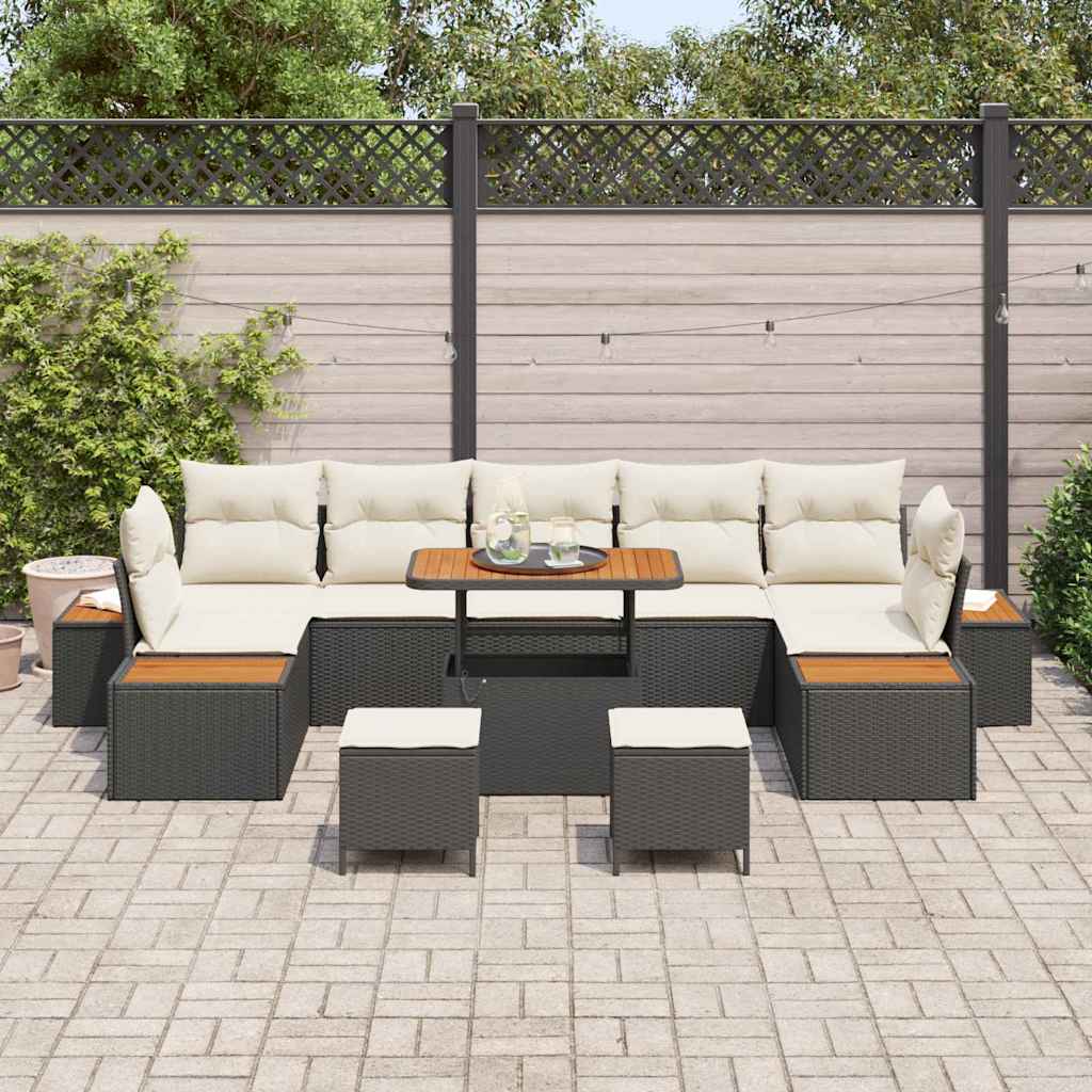 vidaXL 10-delige Tuin Sofa Set met Kussens in Zwart - Poly Rattan en Acacia